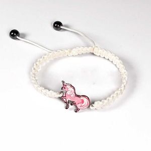 Pink Enamel Unicorn Charm Adjustable‎ White Silk Cord Bracelet~~NWOT